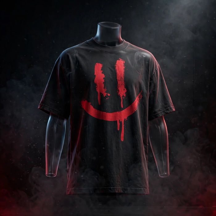 SMILEY FACE LOGO Faded T-Shirt (AJ4 RED THUNDER INSPIRED) — dark streetwear studio photo