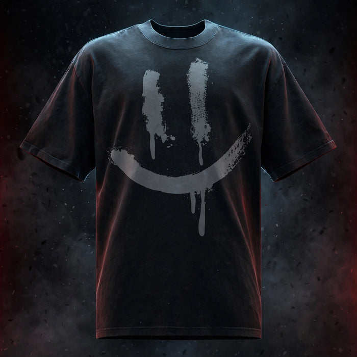 SMILEY FACE LOGO Faded T-Shirt (AJ3 BLACK CAT INSPIRED) — dark streetwear studio photo