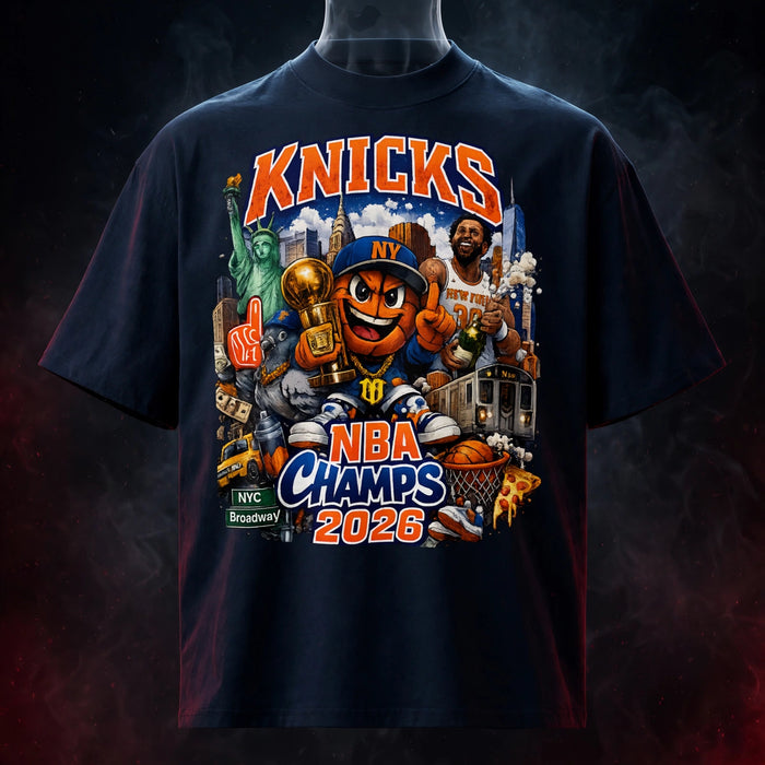 NYC KNICKS CHAMPS Oversized High Neck T-Shirt — dark streetwear studio photo