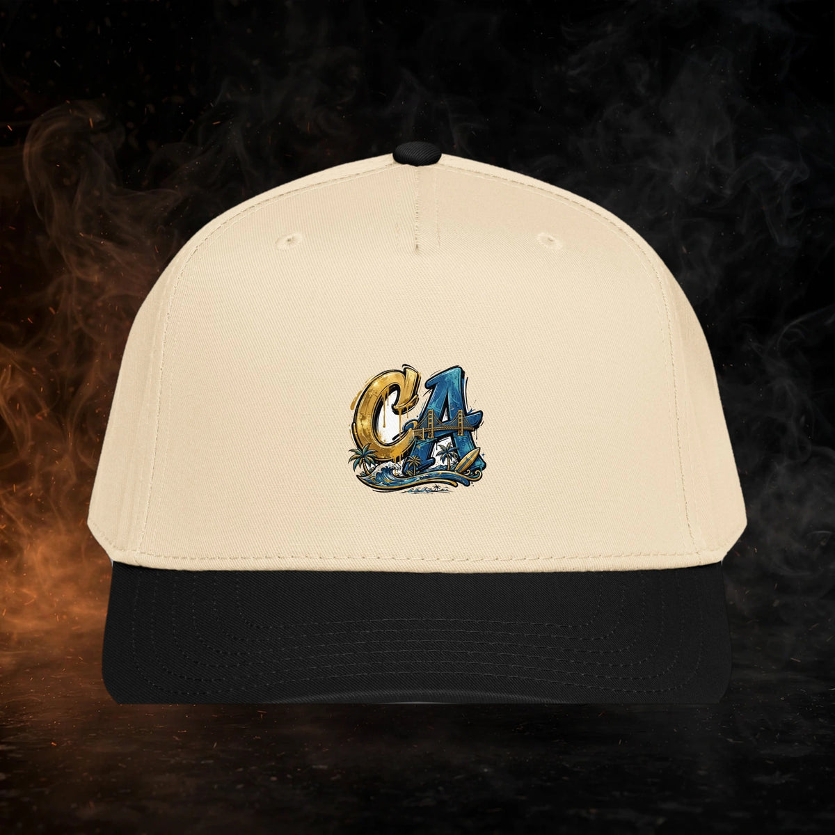California Streetwear 5 Panel Cap — dark streetwear studio photo