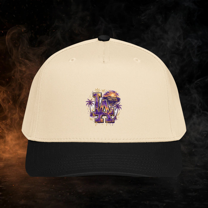 Los Angeles LA Streetwear 5 Panel Cap — dark streetwear studio photo