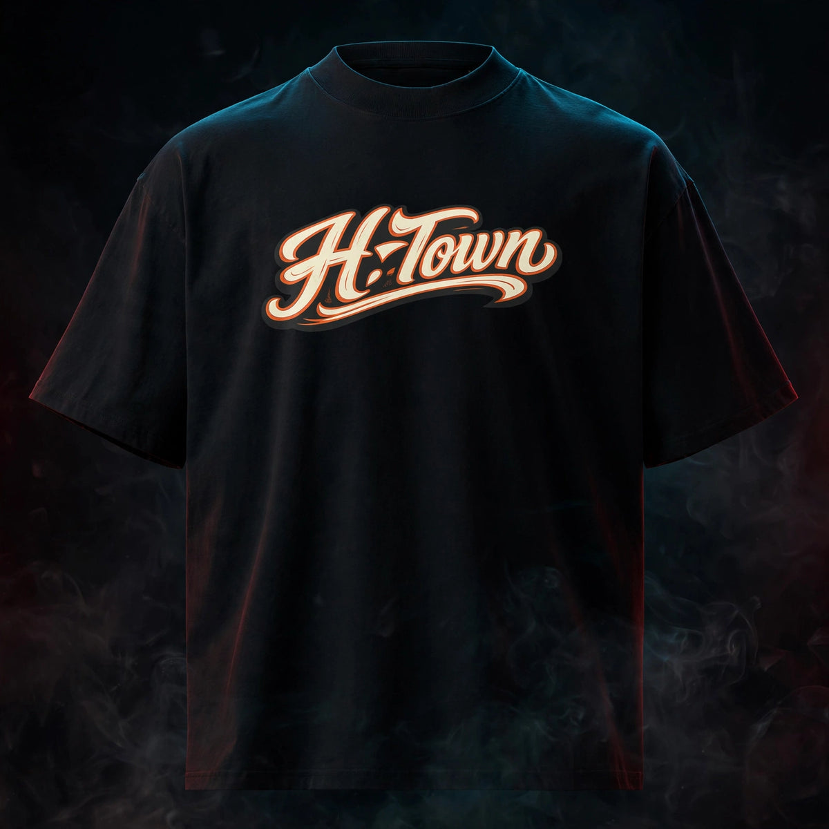 H-Town Organic Oversized High Neck T-Shirt — dark streetwear studio photo