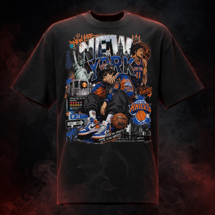 NYC KNICKS Oversized Faded T-Shirt — dark streetwear studio photo